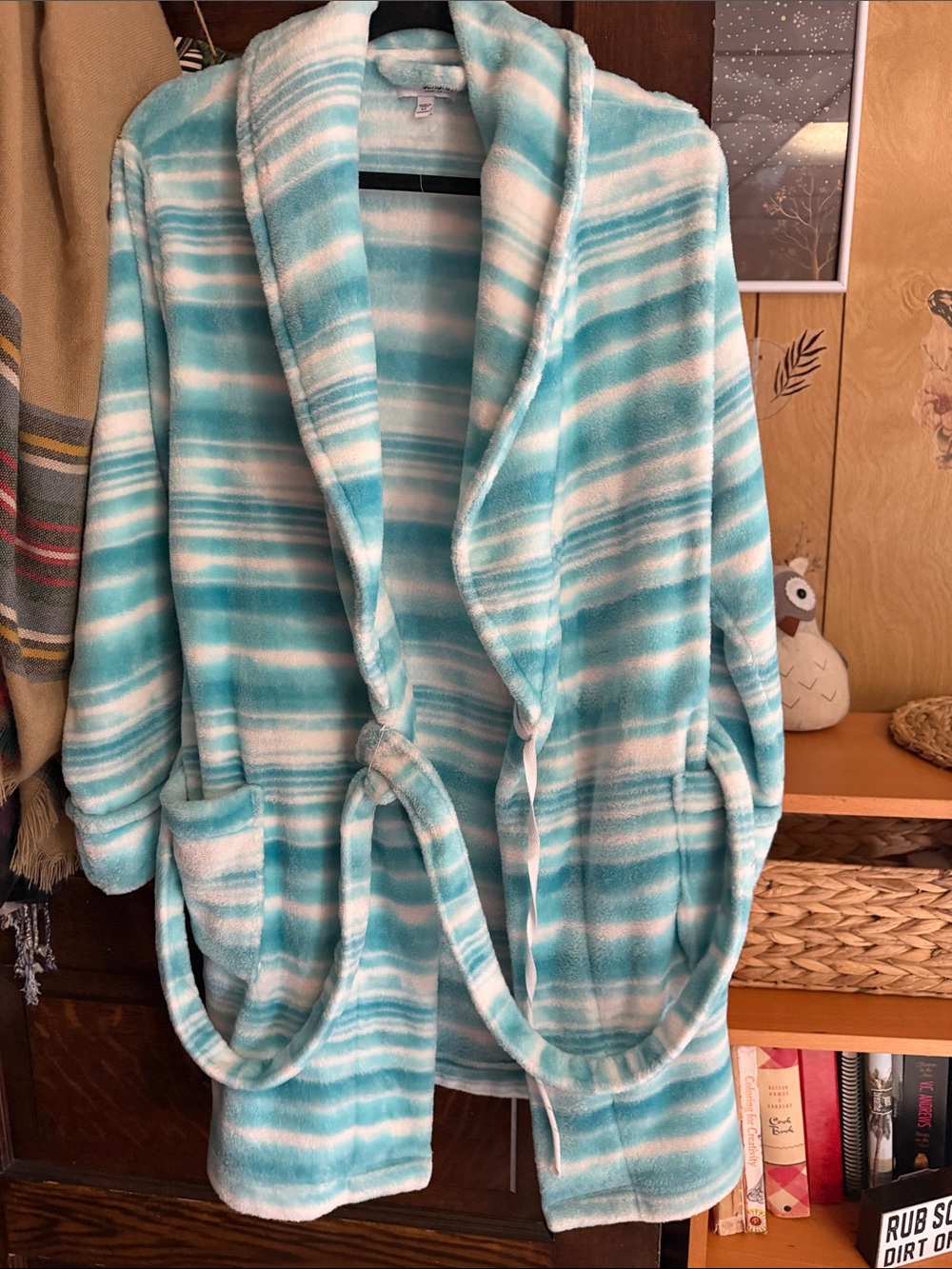 Sonoma Plush Striped Robe in Aqua and White Medium